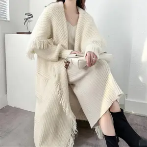 Moda autunno inverno donna lungo bianco lavorato a maglia mantello mantello maglione Cardigan con nappe