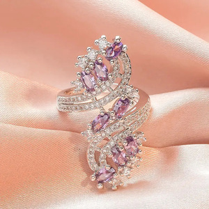 Anello Cocktail Q716 con Fiore in Argento 925, Ametista Taglio Marquise, Incastonatura a Pavé, Anelli Eleganti da Donna per Matrimonio - Product Image 1