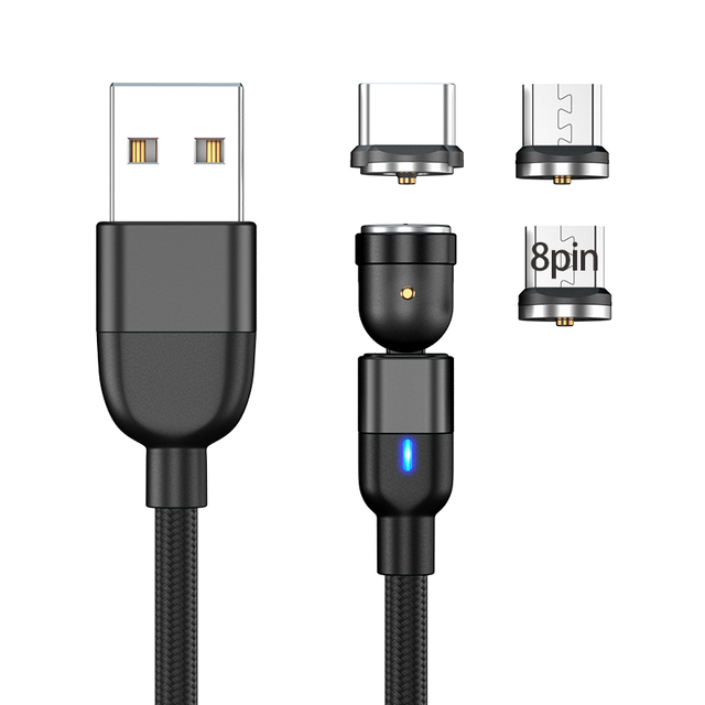 OEM 3FT 3 in 1 USB to Type C Micro USB 8 Pin Cellphone 540 Rotating Magnetic Charging Cable
