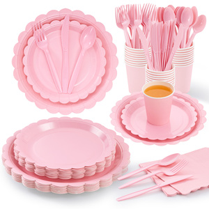 Juego de Vajilla Desechable Rosa de 350 Piezas, Apto para Microondas, Ecológico, para 50 Personas, Platos, Vasos, Servilletas y Cubiertos de PET - Product Image 1