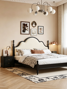 Premium Black Solid Wood <b>Bed</b> <b>Frame</b> French Vintage Wavy Upholstered Headboard Comfortable Bedroom Furniture Stable Home Wooden Do - Product Image 5
