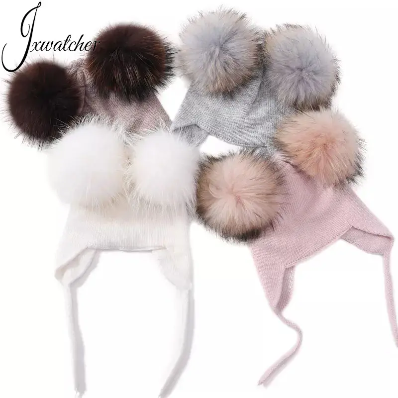 Topi Bayi Musim Dingin dengan Bulu Ganda Pom Pom Musim Dingin Anak-anak Kasmir Rajutan Beanie Lapisan Ganda Tebal Grosir Topi Bayi Lucu