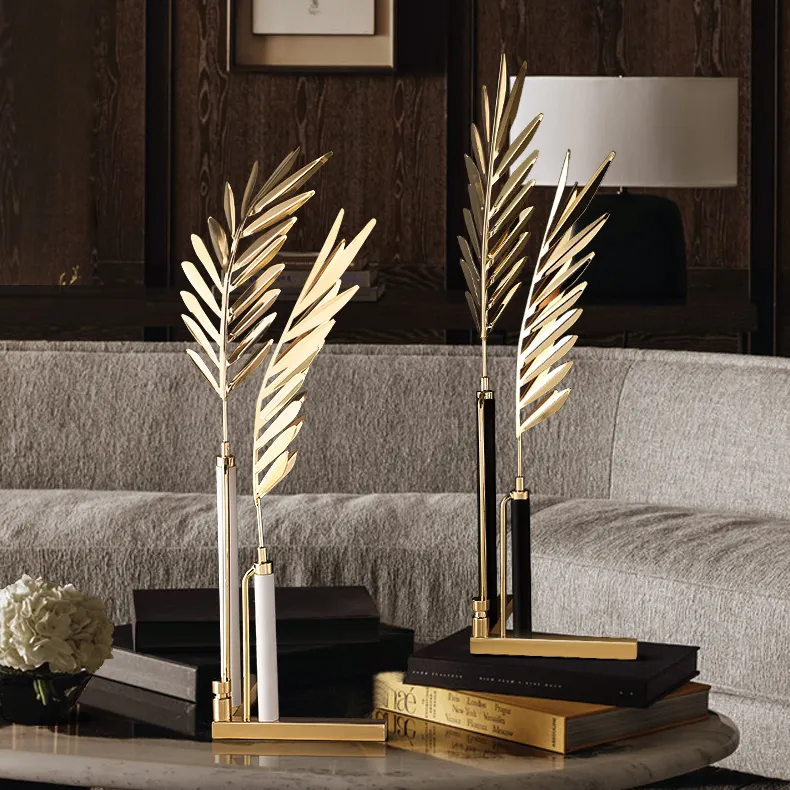 Light Luxury Living Room Table Decorations Metal Indoors Plant Leaf Feather Accessories Decor