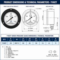 Alat Ukur Tekanan Y100ZT Kelas 1.6 Diameter 100mm D1 130mm K 116mm Flensa Depan M20 1.5 Manometer Aksial Belakang