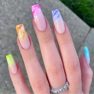 24pcs Rainbow Press On Nails Ladies Coffin Fingernails Extra Long Fashion Nail Art Tip French Manicure Nails
