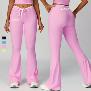 Legging de yoga évasé taille haute à contraste de couleurs personnalisé, extensible dans les 4 sens, avec cordon de serrage plié, effet push-up et évacuation de l'humidité - Product Image 1