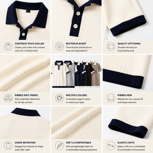 Camisas de Polo para Hombre, Premium, de Punto Acanalado, con Cuello en Contraste, Manga Corta, Estilo Old Money, para Verano, Resort, Golf - Product Image 3