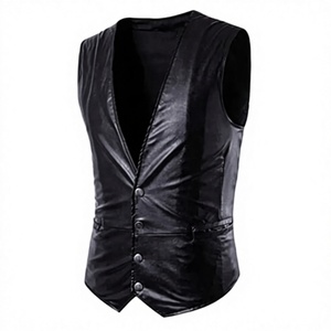 Traje de Invierno para Hombre, Estilo Urbano, Cuello en V, Color Sólido, de Cuero Negro, Cierre de un Solo Botón - Product Image 1