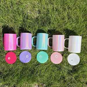17Oz <b>Double</b> <b>Wall</b> American Style Travel <b>Mugs</b> Blank Holographic Shimmer Sublimation Glass <b>Mug</b> Colored Lids for Heat Press Printing - Product Image 1