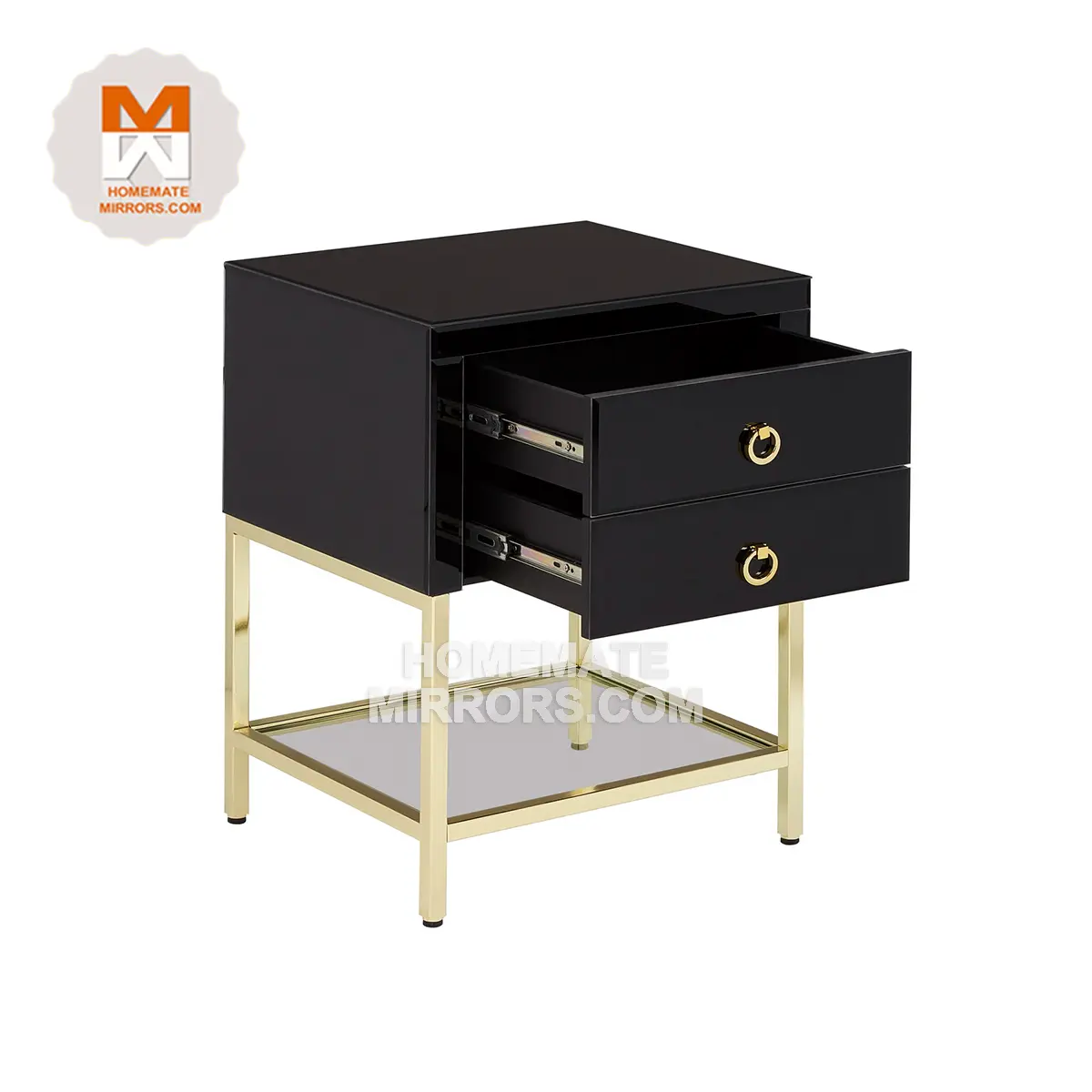 Table de chevet noire à 2 tiroirs de luxe Hot avec pied en métal en acier inoxydable doré