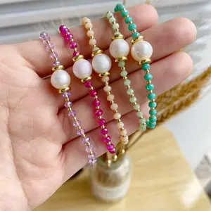 Gelang manik-manik warna-warni buatan tangan dapat disesuaikan gaya Bohemia trendi baru 18k gelang kristal mutiara alami manik-manik berlapis emas