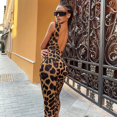 2021 Women Fashion Backless Sheath Bodycon Prom Gown Sleeveless Autumn Party Sexy Leopard Print Dress