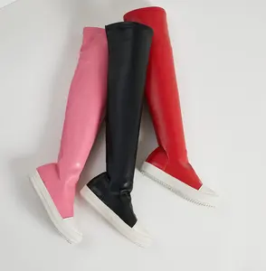 Sonbahar kış kadın çizmeler ayakkabı 2023 yüksek çizmeler düz uzun tüp yüksek diz üzerinde kalın Soled PU pembe siyah kırmızı kadın çizmeler