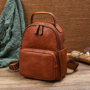 Retro Casual <b>Backpack</b> For Women Genuine Leather Top Layer Cowhide Handmade <b>Brown</b> Solid Color Detachable Strap 20L And Below - Product Image 1