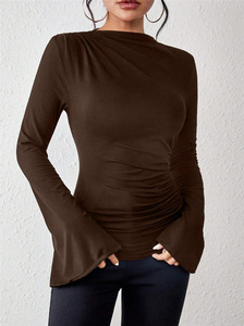 T-shirt pour femmes Joker, coupe slim, style européen et américain, polyester, saison d'automne, design polyvalent, couleur unie, manches longues, incliné - Product Image 2