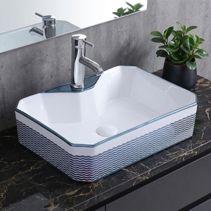 Elegante Lavabo Quadrato in Ceramica Blu con Taglio a Onda e Foro Singolo per Rubinetteria, Ideale per il Restyling del Bagno di Case Moderne in Stile Costiero - Product Image 4
