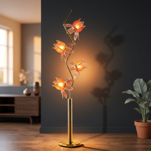 Lampe sur pied moderne à 4 têtes en forme de fleur de lotus, avec poteau en métal doré courbé en forme de S et abat-jour en verre en forme de pétale, pour salon, chambre à coucher - Product Image 5
