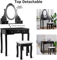 Ensemble de coiffeuse moderne en bois pour chambre à coucher, avec miroir ovale rotatif à 360°, 5 tiroirs de rangement, finition peinte et siège rembourré