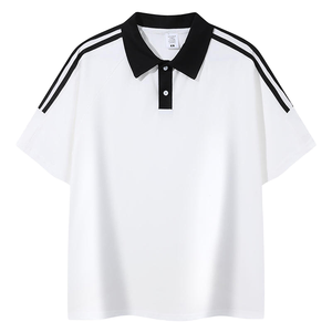 Polo blanc surdimensionné Micah Corp avec col contrastant noir, manches à double rayure, logo personnalisé, coupe ample - Product Image 1