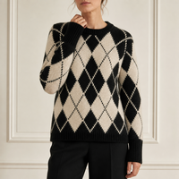 Pull en tricot Argyle personnalisé pour femme, col rond, noir et crème, motif losanges, usine OEM ODM