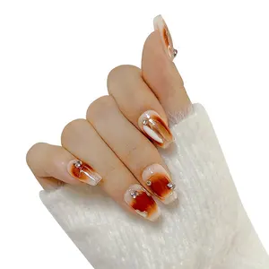 Customiedr Design red Color Short Coffin Press On Nail Handmade Fake Nail Art Artificial Fingernails With Rhinestones