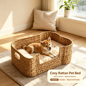 Lit pour animaux de compagnie en forme d'os, en jonc de mer, maison de repos confortable pour chats, panier pour animaux de compagnie en rotin fait main - Product Image 1