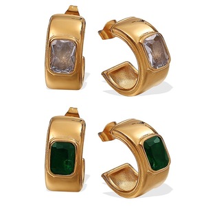 Cuff Earrings Geometric Green Zircon Inlaid 18K Gold Plated <b>Titanium</b> Steel <b>Studs</b> For Commuting Fashion Jewelry - Product Image 5