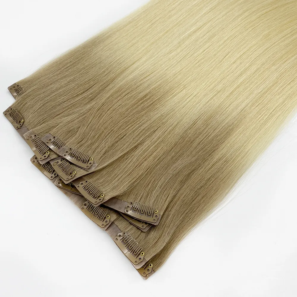 Double Drawn Clip Ins Remy Human Hair Wholesale Luxury Ombre Skin Weft Invisible Seamless Clip In Hair Extension Blonde