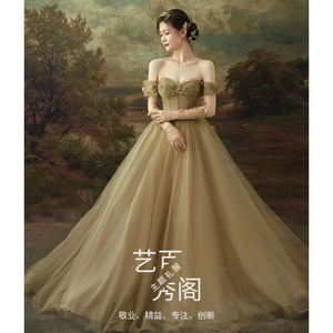 Strapless Ball Gown Wedding Dress Olive Green Vintage Style Long Train Natural Waistline Folds Design - Product Image 1