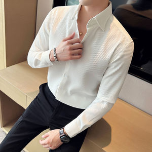 <span class=keywords><strong>Camisa</strong></span> de Manga Larga con Textura Waffle para <span class=keywords><strong>Hombre</strong></span> | <span class=keywords><strong>Camisa</strong></span> Casual de Negocios de Corte Ajustado Estilo Coreano | Elegante <span class=keywords><strong>Camisa</strong></span> de Vestir <span class=keywords><strong>Blanca</strong></span> con Caída - Product Image 3