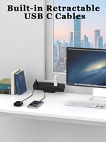 Prise de bureau à fixation sans perçage avec chargeur rapide USB-C PD 20W et câble intégré, concentrateur d'alimentation 3 prises US pour poste de travail