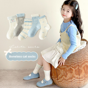 Calcetines de Algodón Peinado Sin Costuras Clase A para Niñas, Calcetines <span class=keywords><strong>Dulces</strong></span> de Doble Hilo hasta la Pantorrilla para Otoño, Invierno y Primavera - Product Image 2