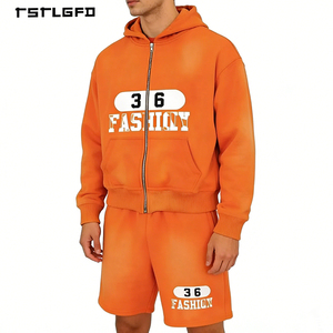 Sudadera con capucha de verano para hombre, personalizada, transpirable, de punto de 480g, con lavado ácido, estilo urbano, corta, vintage, con cremallera, 100% algodón, sin costuras, efecto desgastado por el sol - Product Image 2