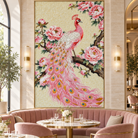 Dekorasi Dinding Mosaik Kaca Bunga Peony Merak Merah Muda Mewah untuk Kamar Mandi, Rumah, Lobi Hotel, Dekorasi Latar Belakang Interior