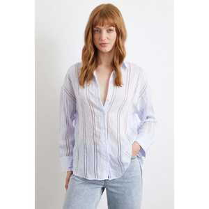 Camisa de Organza a Rayas Azul, Blusa Informal para Mujer, Translúcida, para Uso Diario - Product Image 4