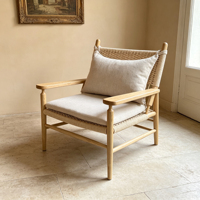 Fauteuil de loisirs en rotin et bois massif, chaise d'appoint en cannage tressé à la main avec coussin pour salon, balcon, salle de séjour