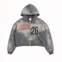 Sweat à capuche zippé rétro délavé personnalisé OEM, 100 % coton, en tissu éponge épais, coupe oversize, anti-boulochage, respirant, pour homme, hiver