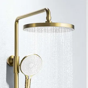 Conjunto de chuveiro redondo para banheira de aço inoxidável com suporte exposto cascata de ouro escovado para banheiro