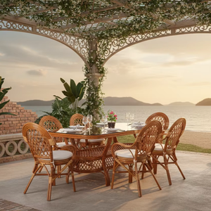 Ensemble de salle à manger en rotin Java, élégant et confortable, table et chaises, meubles artisanaux élégants pour restaurant, café, hôtel, décoration intérieure - Product Image 1