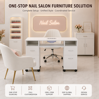 Table de manucure professionnelle au design contemporain en contreplaqué, poste de travail de salon avec bac de collecte de poussière, double tiroirs et roulettes