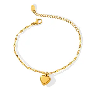 Fashion 18k Gold Plated Heart Charm Bracelet Adjustable Non Tarnish Stainless Steel Heart Bracelets For Women