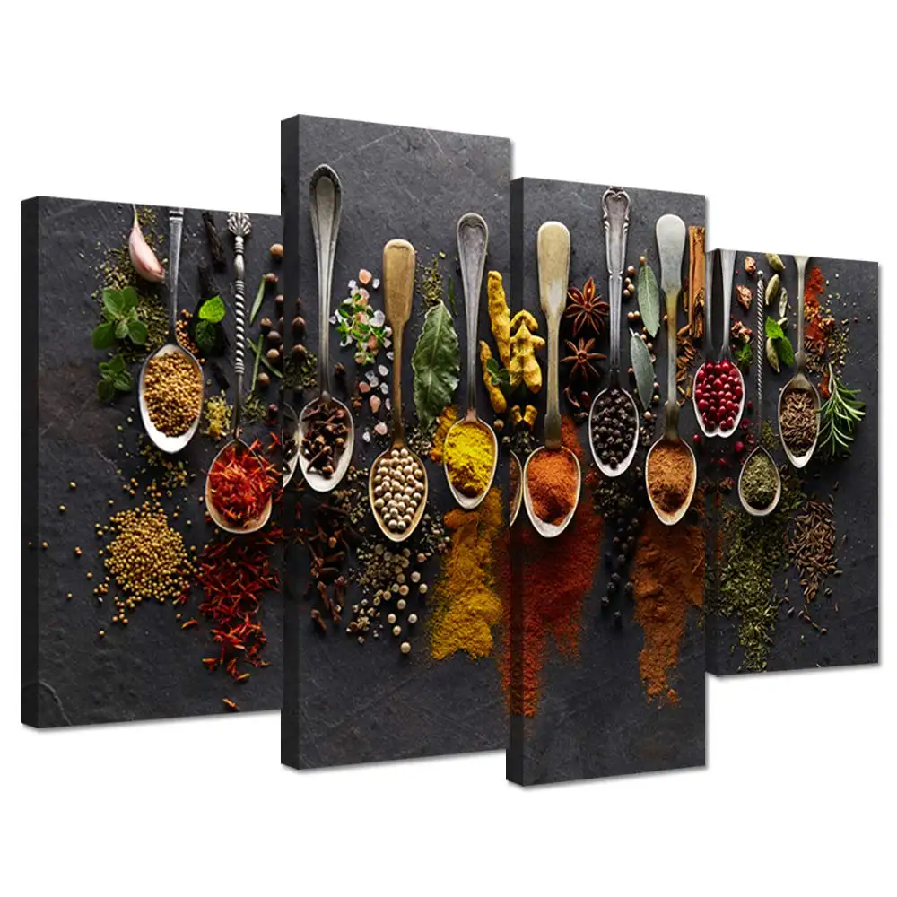 Kitchen Pictures Wall Decor 4 Pieces Couful Spice in Spoon Vintage Canvas Wall Art Food Photos Painting On Canvas