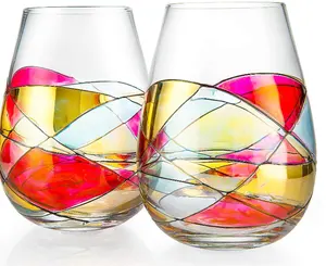 Hand Painted Stemless Renaissance Romantic Stain-glassed Windows Wine Glasses Set of 2 Gift Idea for Birthday Housewarming
