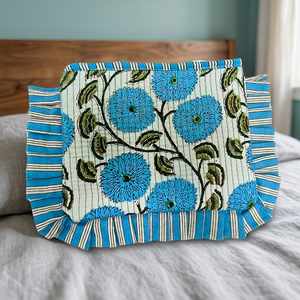 Housse de livre élégante en coton à imprimé floral bleu - Style bohème durable à rayures avec fermeture éclair et décoration de chaînes - Product Image 2
