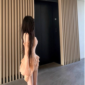Off The Shoulder Pleated Dress Women Autumn Long Sleeve Apricot Solid Color Cake Style Short Skirt Waist Cinching Slim Fit - Product Image 2
