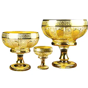 Turkish Elegant Plateau Decorative Fruit Basket Snack Dessert Food Glass Serving Fruit Gold Metal Serving Tray With Leg