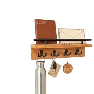 Solid Wood Wall <b>Shelf</b> With <b>Hooks</b> For Keys And Mail Storage Office Organizer Rectangle Wall Mounted Type - Product Image 5