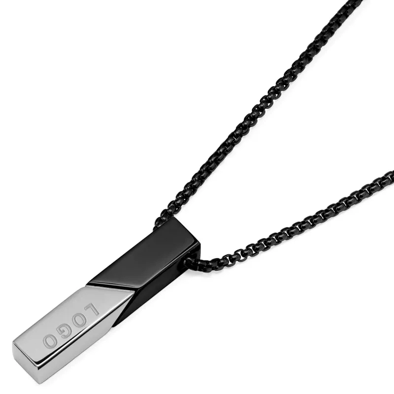 Personalized Men Jewelry Black and Silver Two Tone Plated Stainless Steel Custom Logo Bar Necklace