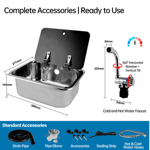 304 Stainless Steel <strong>RV</strong> Sink with <strong>Faucet</strong> and Tempered Glass Lid, Compact Caravan Campervan Motorhome Kitchen Basin - Product Image 2