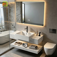 Meuble de salle de bain moderne suspendu avec vasque en pierre frittée, meuble-lavabo en dalle de roche flottante avec miroir intelligent